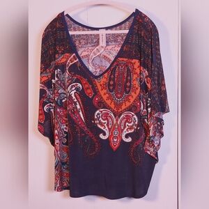 Mode Fabuleux Paisley Print Top Colorful Batwing Sleeves Size 2X Flowy Knit Boho